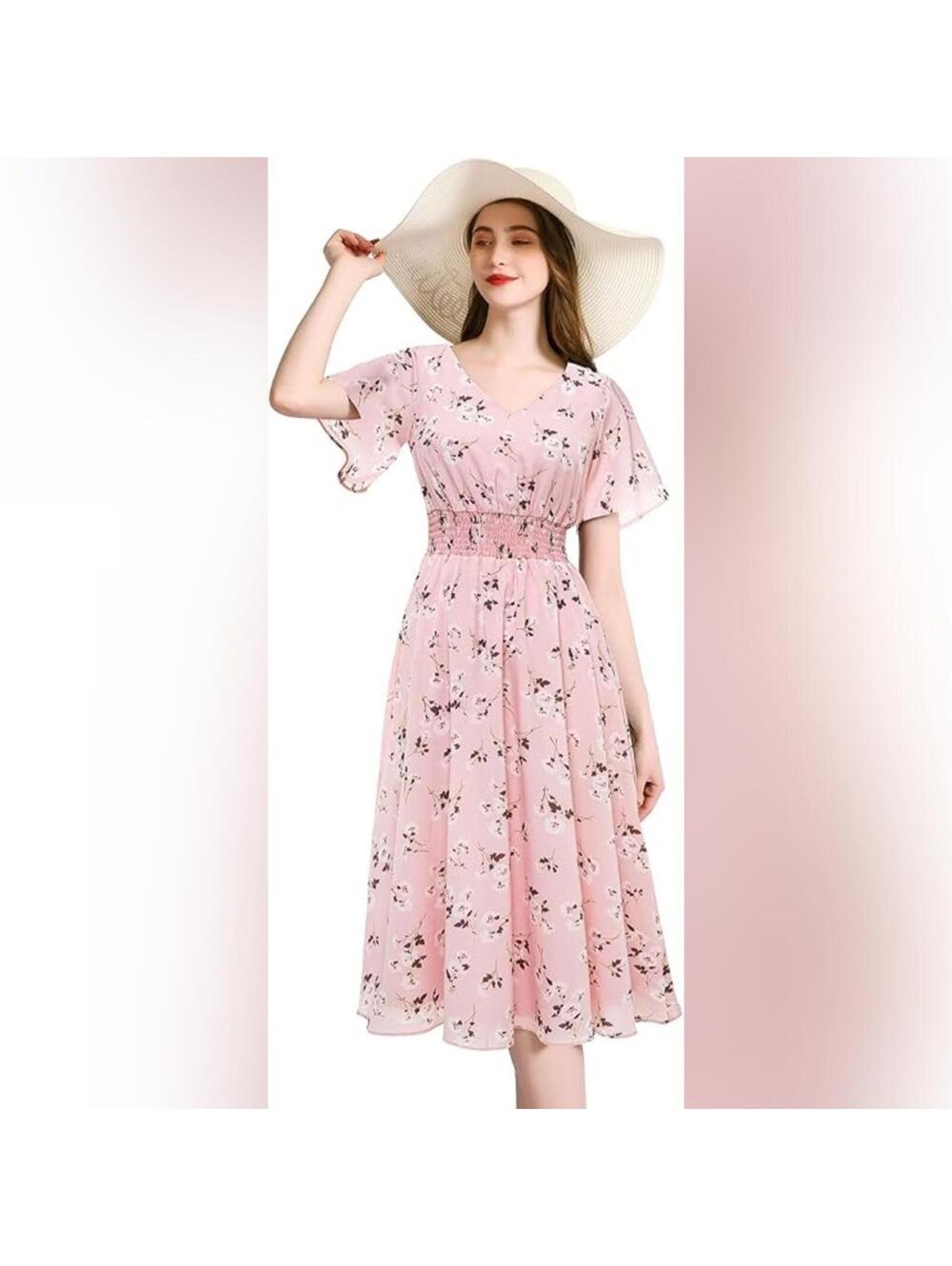 NWOT Gardenwed V Neck Chiffon Floral Summer Midi Elastic Waist Dress, 2XL